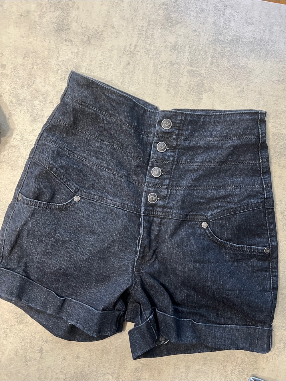 Ultra High-Waist Dark Denim Shorts with Button Front